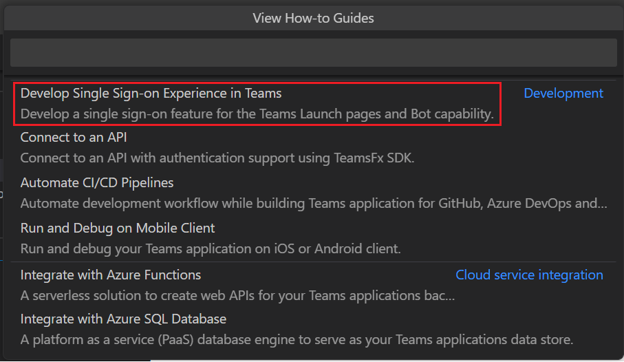 A captura de tela mostra o recurso logon único realçado em vermelho no Visual Studio Code.